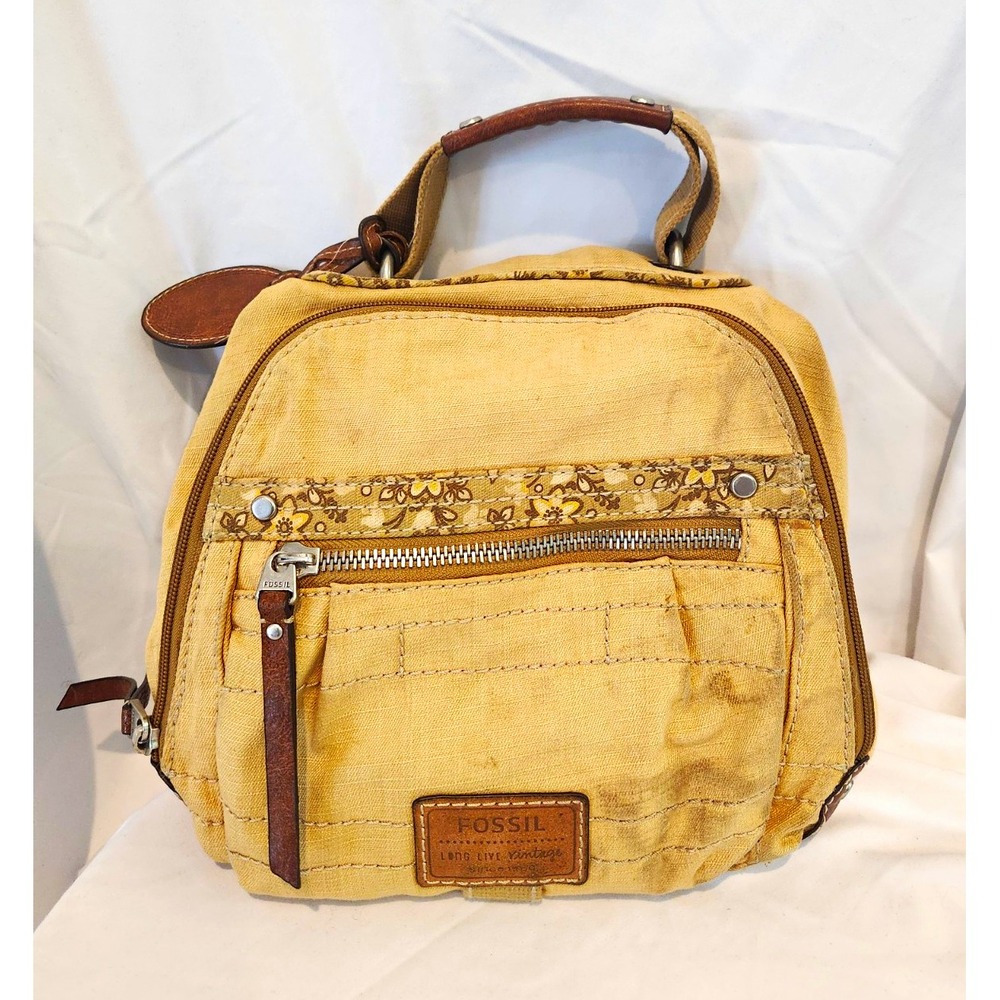 Fossil Beige Floral Lined Zip Backpack Purse w/ Key Adjustable Strap Pockets